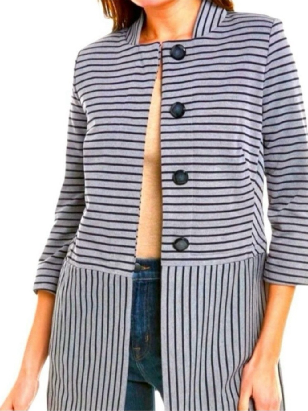 CAbi Grey Striped Open-Front Blazer with Buttons #cabi